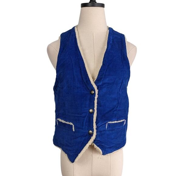 Vintage Corduroy Vest Sherpa Shearling Snap Western Boho 70s 80s Blue Cream L - Picture 1 of 13